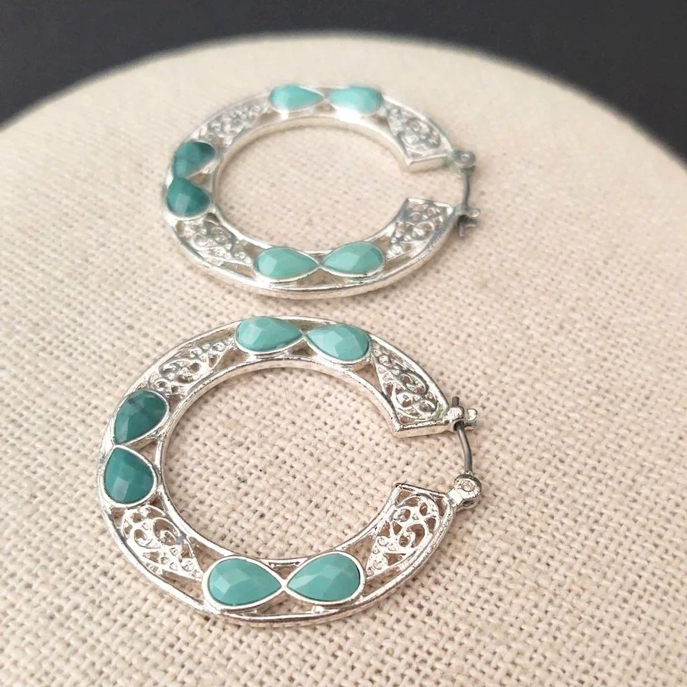 Silver open work hoops with green and blue beads